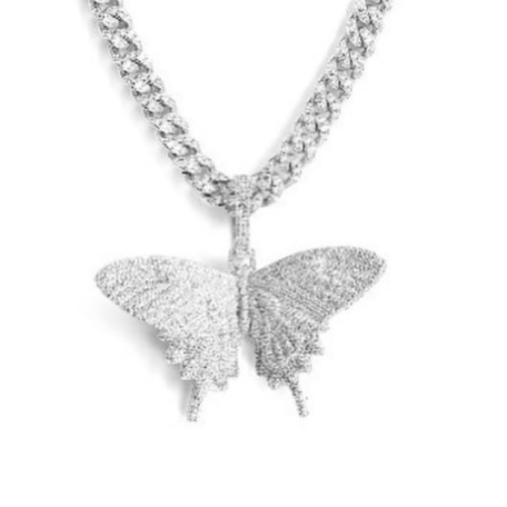 100% Real White Gold  Plated Cuban Link w Butterfly Pendant
